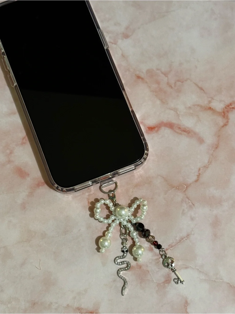 Pearl Bow w/ Skull Key Charm and Rhinestone Snake Cell Phone Jewelry